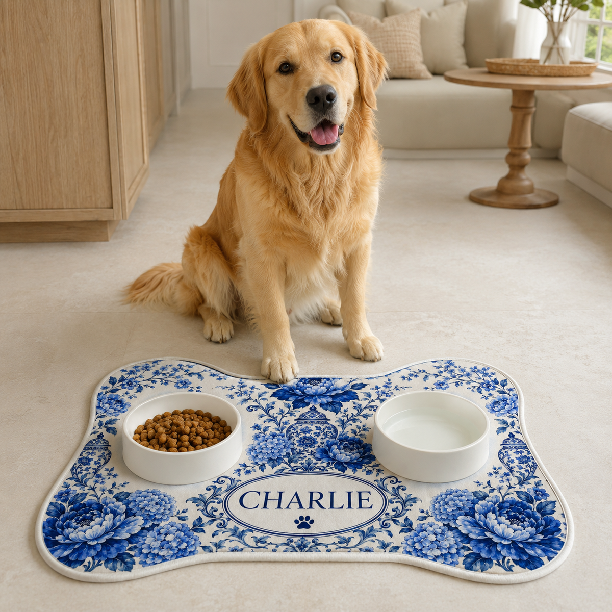 Renna Personalized Chinoiserie Bone-Shaped Pet Feeding Mat