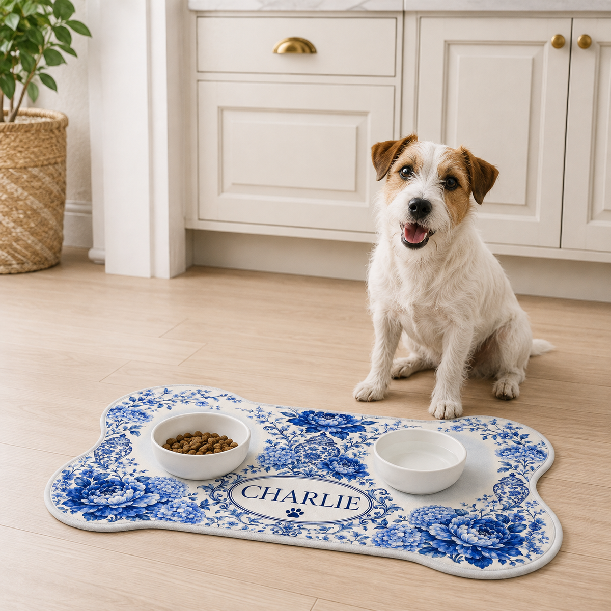 Renna Personalized Chinoiserie Bone-Shaped Pet Feeding Mat