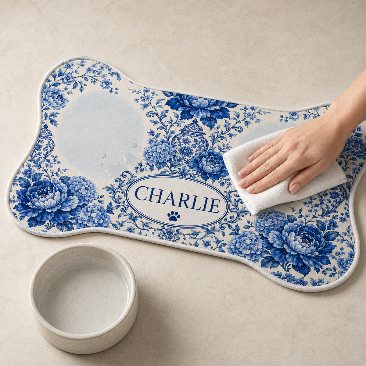 Renna Personalized Chinoiserie Bone-Shaped Pet Feeding Mat