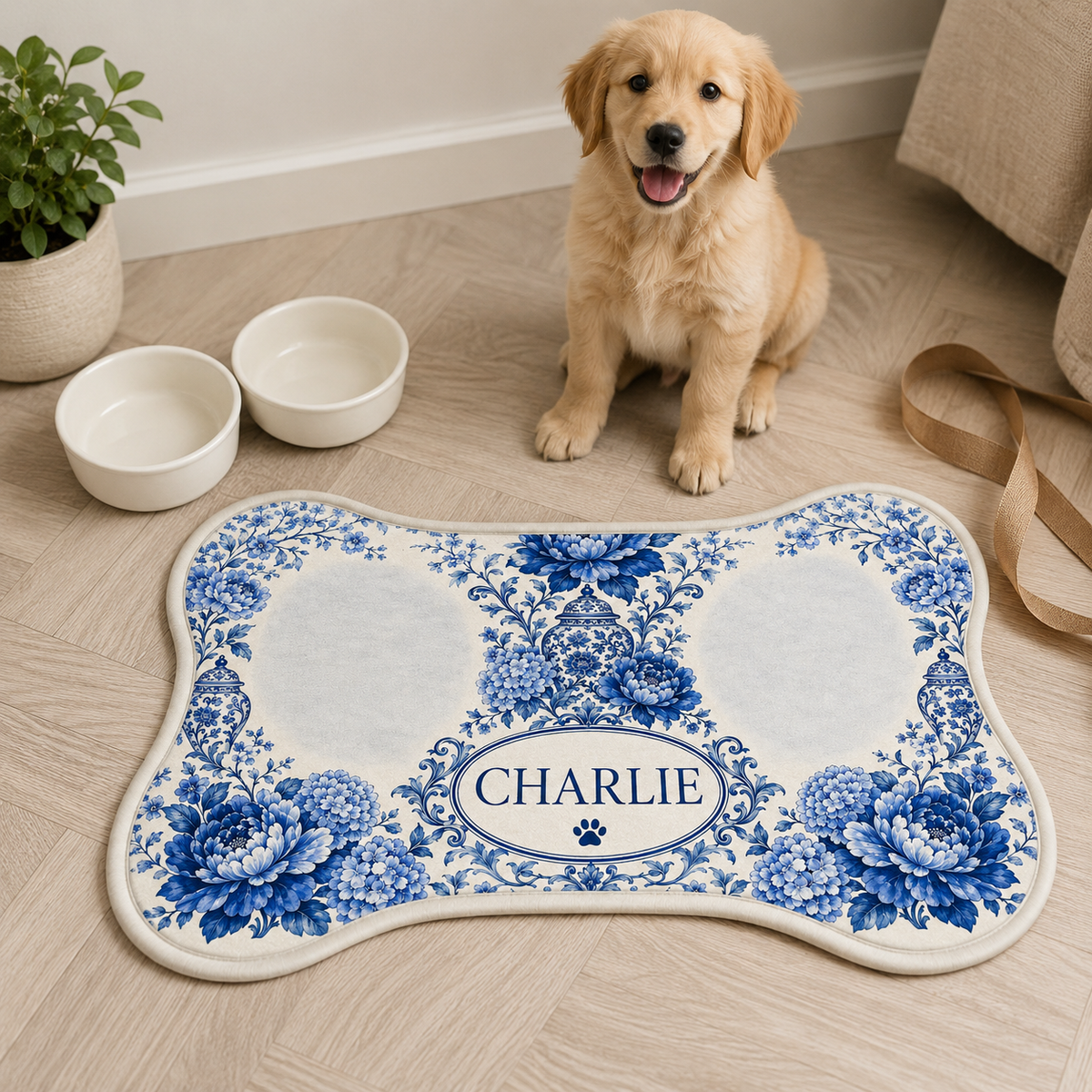 Renna Personalized Chinoiserie Bone-Shaped Pet Feeding Mat