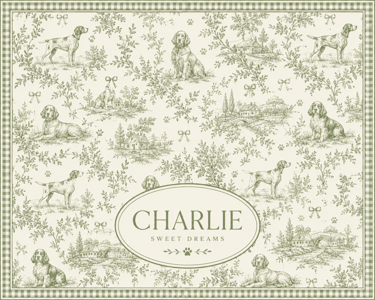 Renna Personalized French Toile Dog Bed — Custom Pet Name