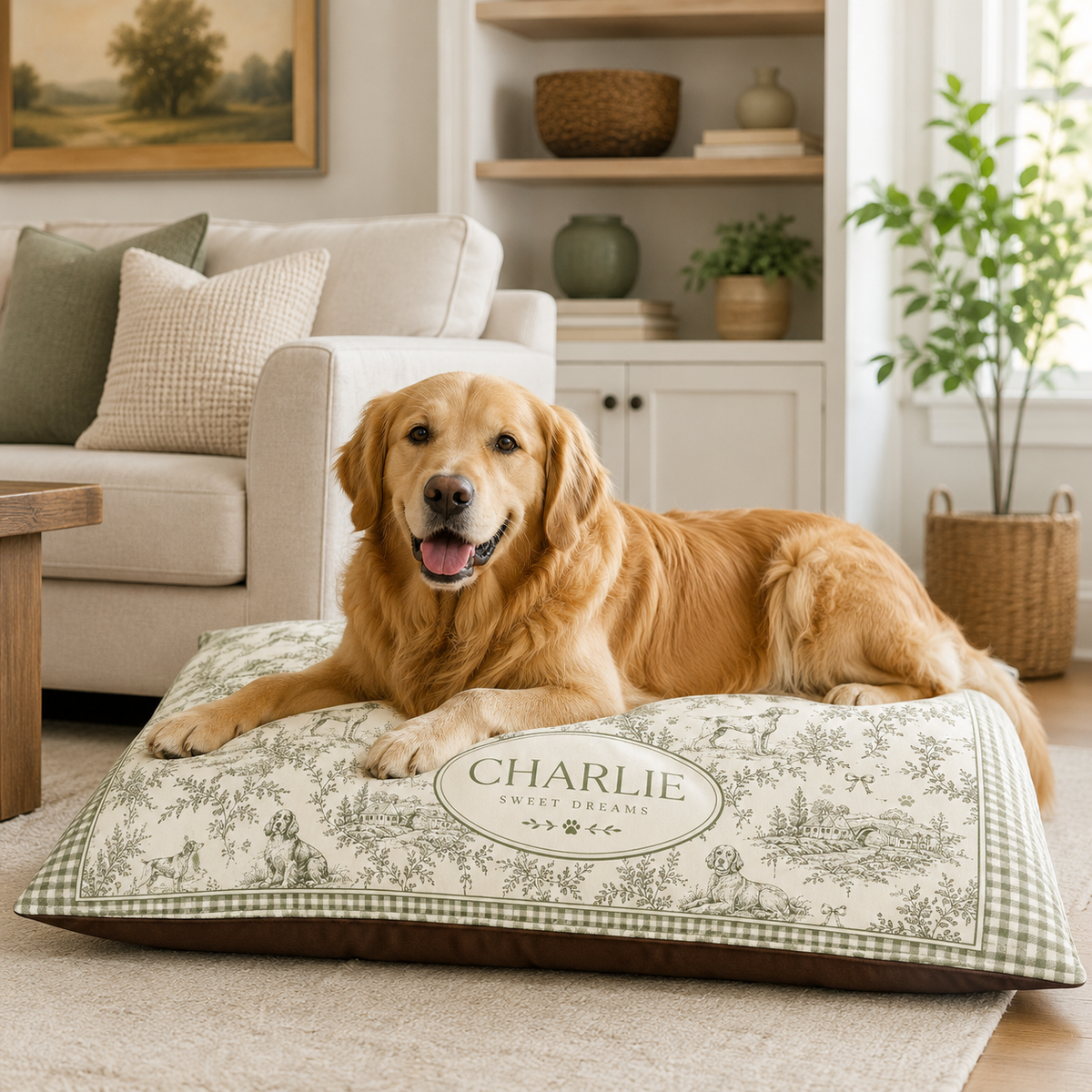 Renna Personalized French Toile Dog Bed — Custom Pet Name