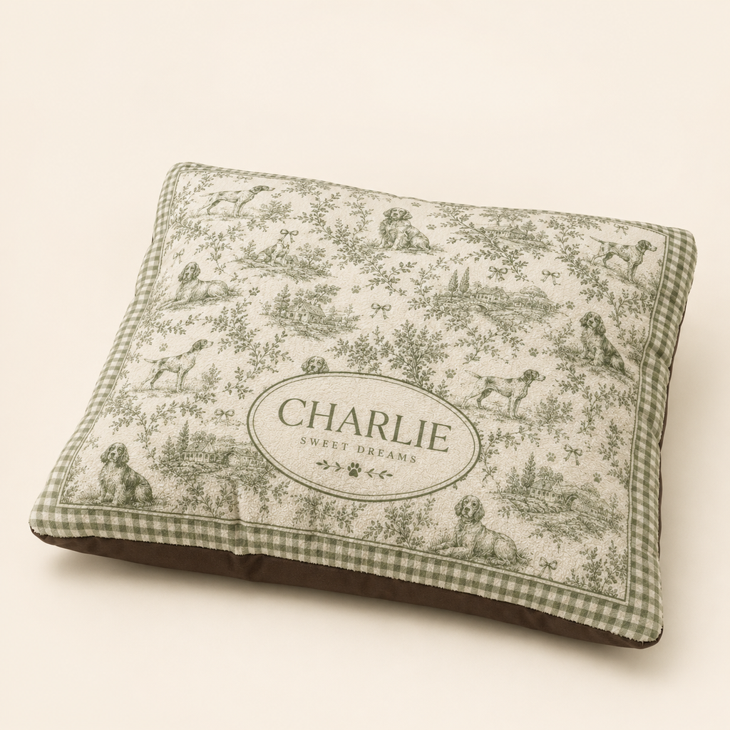 Renna Personalized French Toile Dog Bed — Custom Pet Name