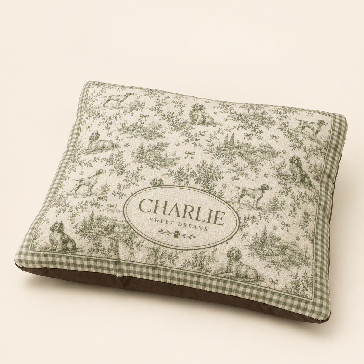 Renna Personalized French Toile Dog Bed — Custom Pet Name