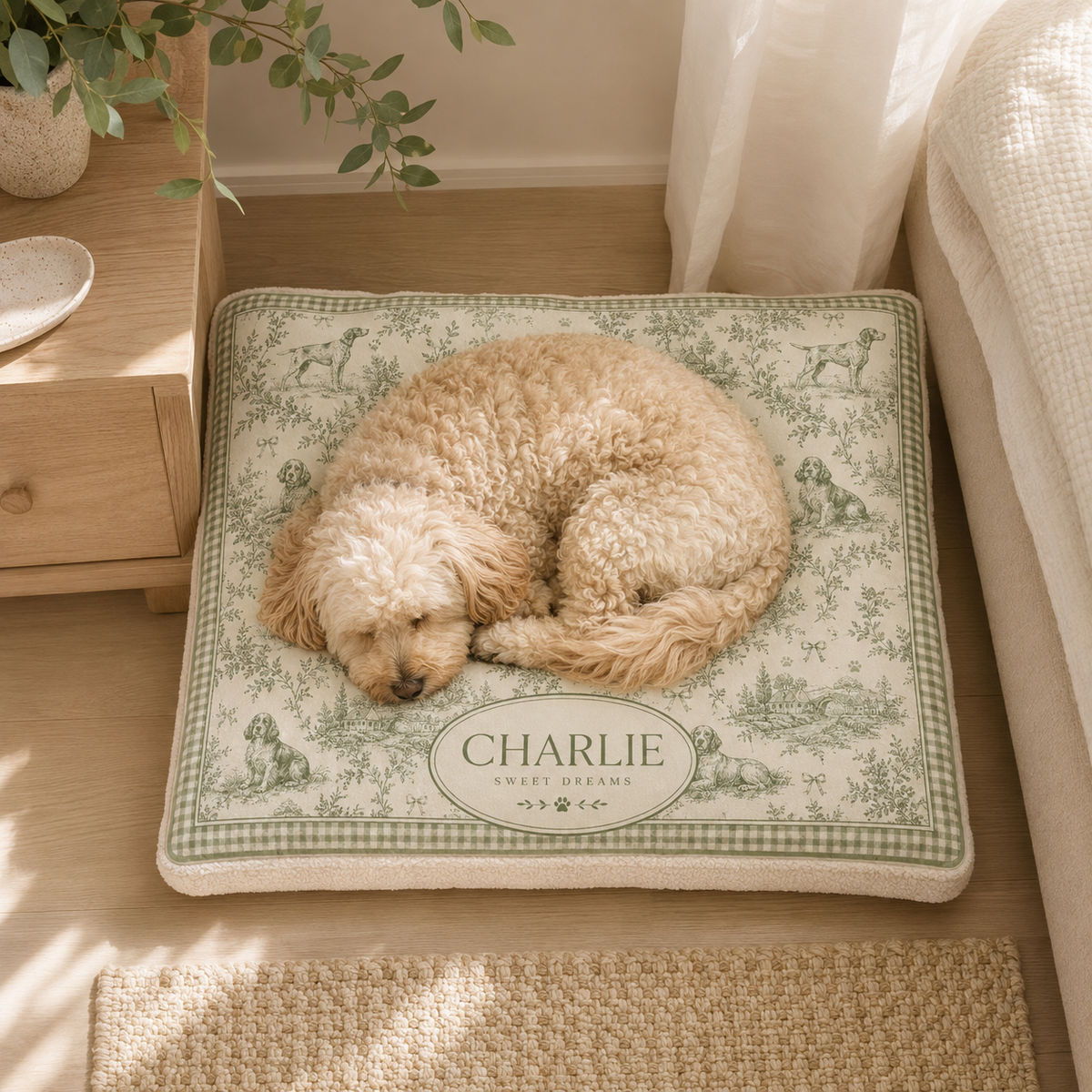 Renna Personalized French Toile Dog Bed — Custom Pet Name