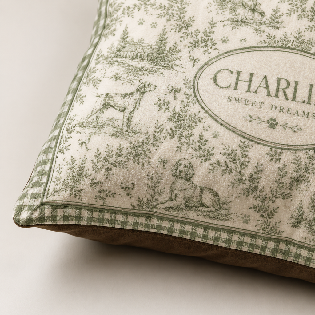 Renna Personalized French Toile Dog Bed — Custom Pet Name