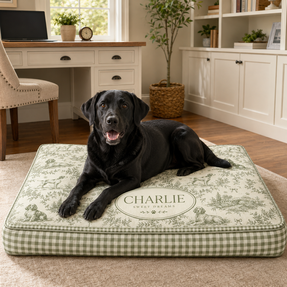 Renna Personalized French Toile Dog Bed — Custom Pet Name