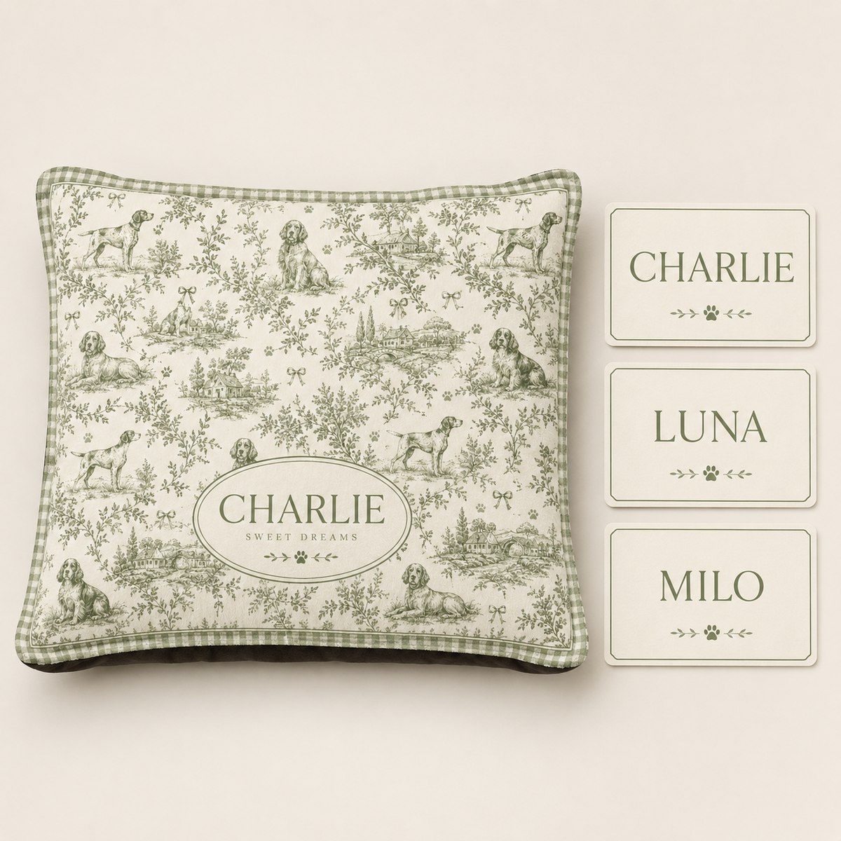 Renna Personalized French Toile Dog Bed — Custom Pet Name
