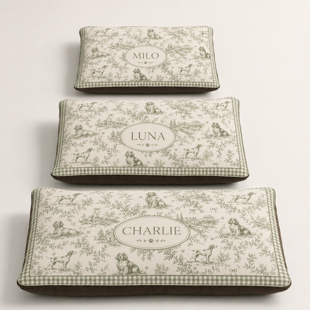 Renna Personalized French Toile Dog Bed — Custom Pet Name