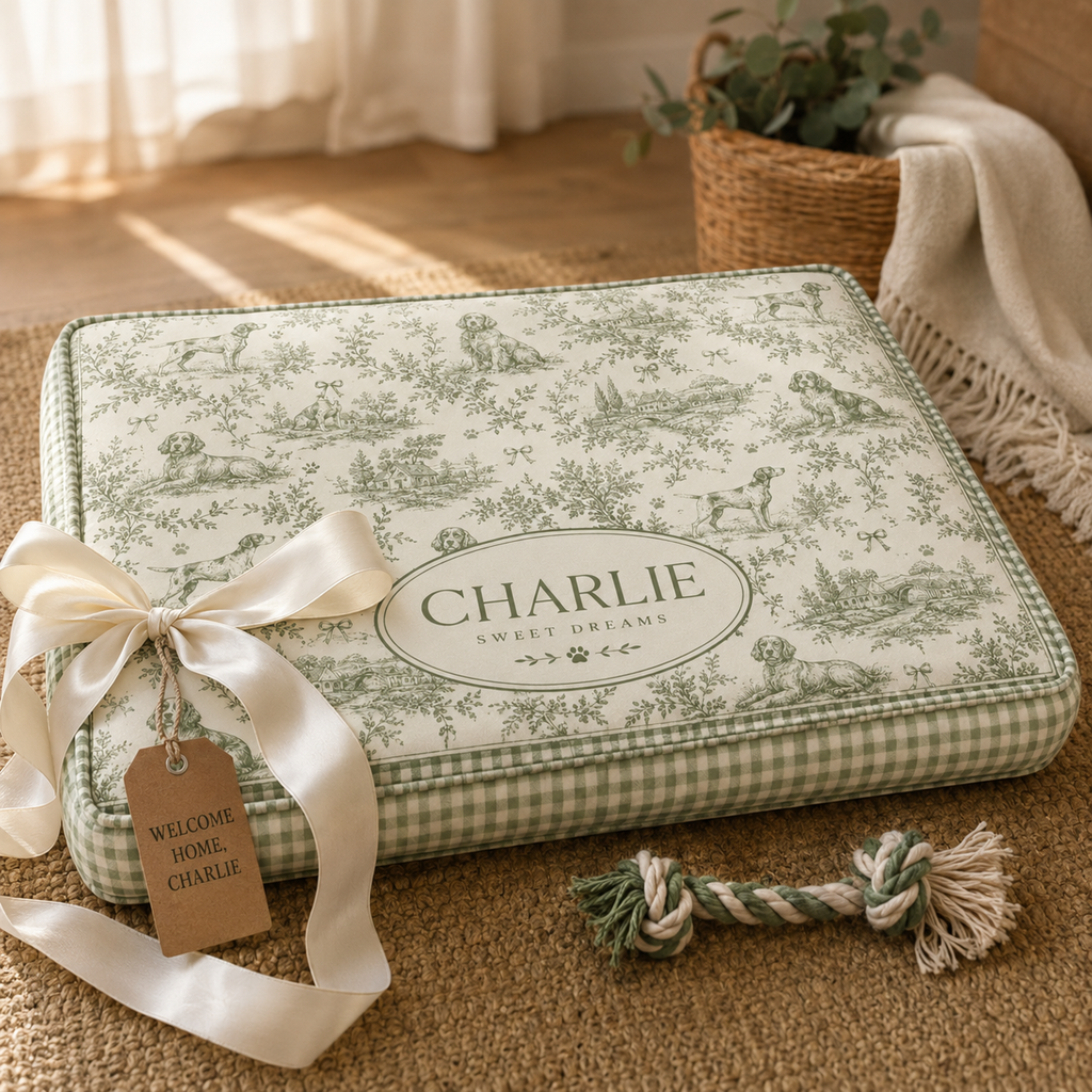 Renna Personalized French Toile Dog Bed — Custom Pet Name