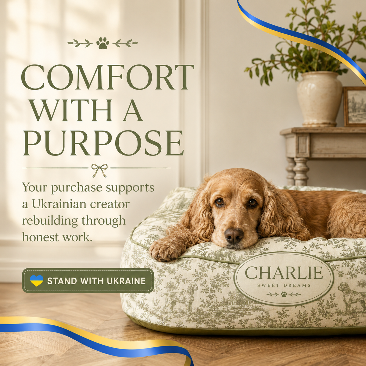 Renna Personalized French Toile Dog Bed — Custom Pet Name